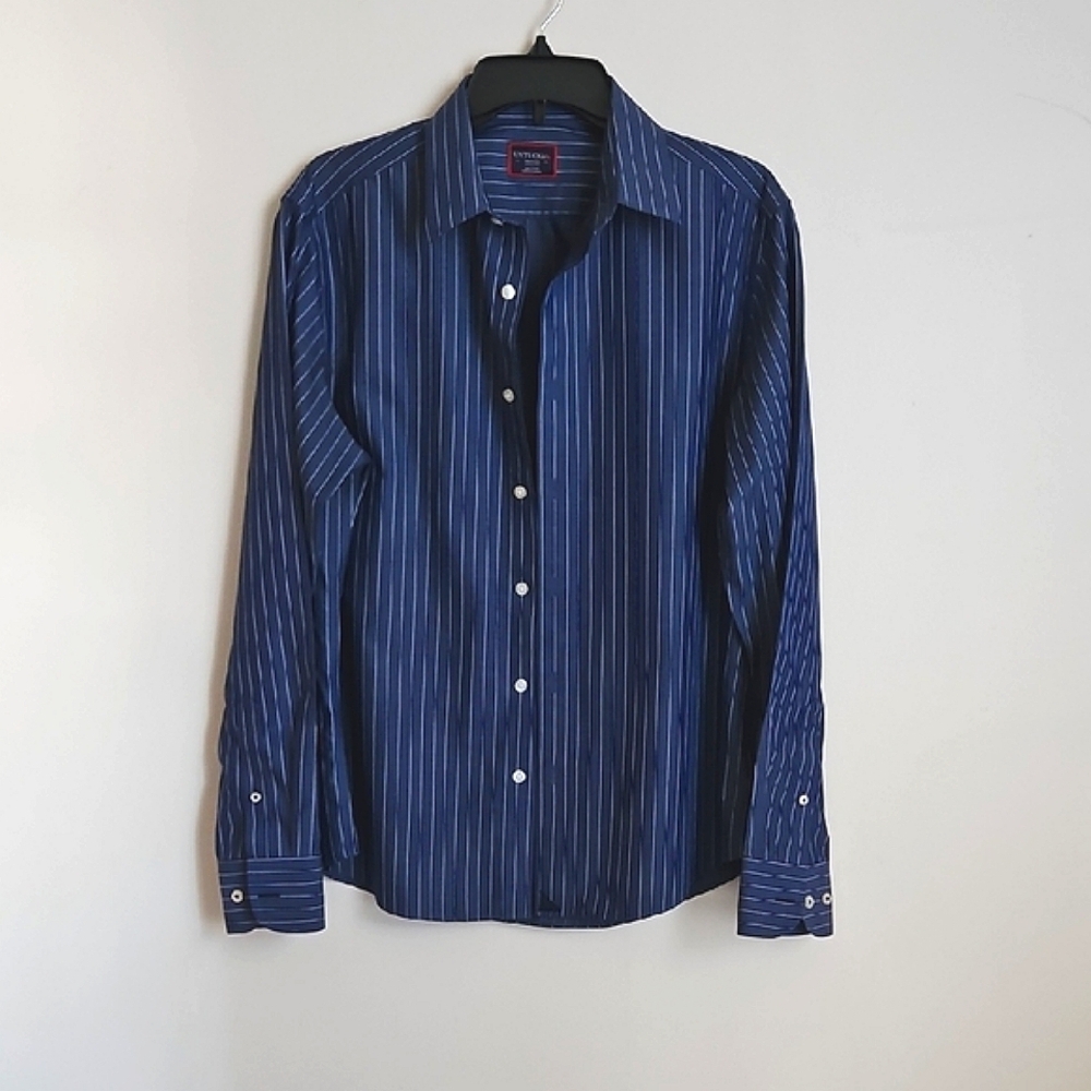 Untuckit Gifford Mens M Navy Pinstripe Wrinkle Free Button Down Business Casual
